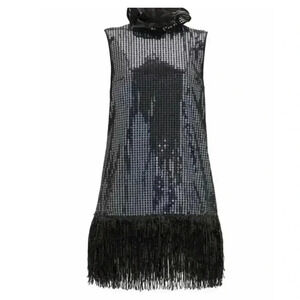 Halpern Runway Black Sequin Fringe Mini Short Cocktail Dress FR 38 US 4